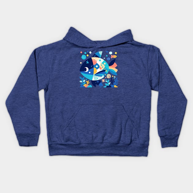 Geometrical Colorful Fish. Adorable Mosaic Cute Kawaii Simple Animal Kids Hoodie by SappiDigital